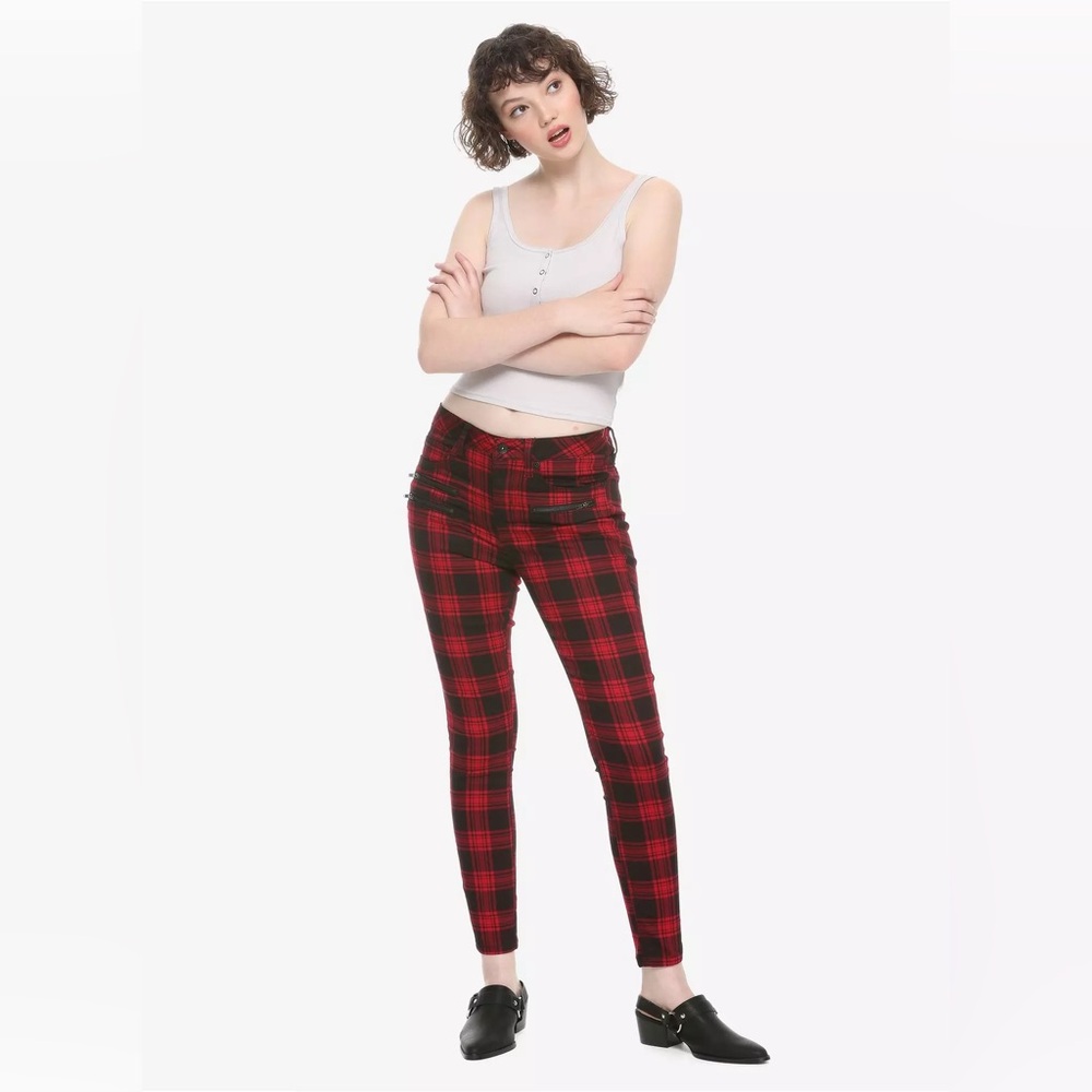 Red Plaid Hi-Rise Super Skinny Jeans